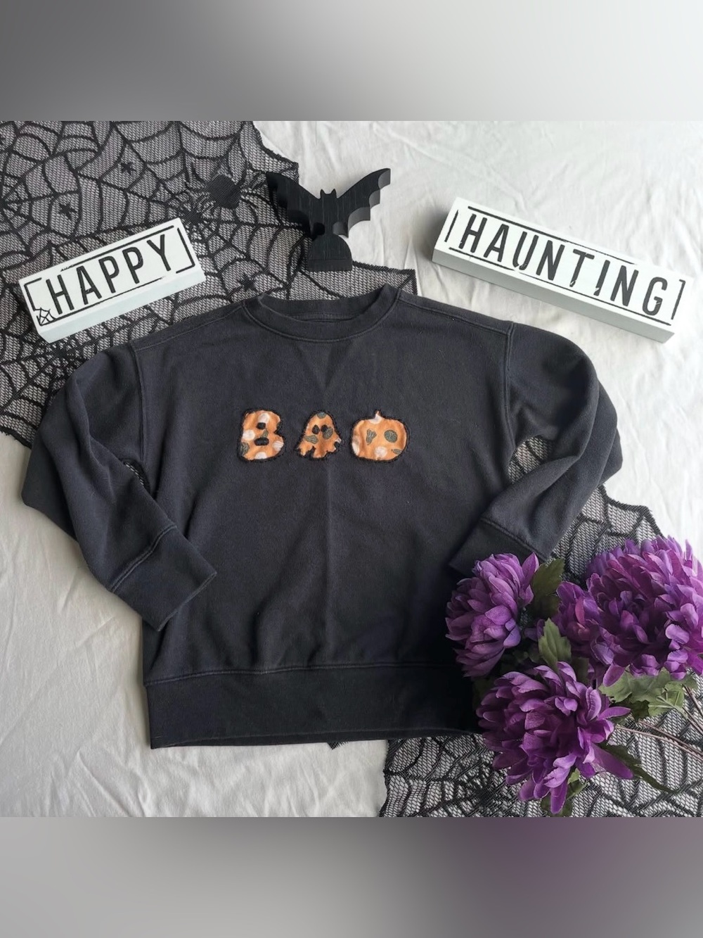 Handmade Boo Crewneck Kids Sweatshirt | Reverse Appliqué Halloween Pullover